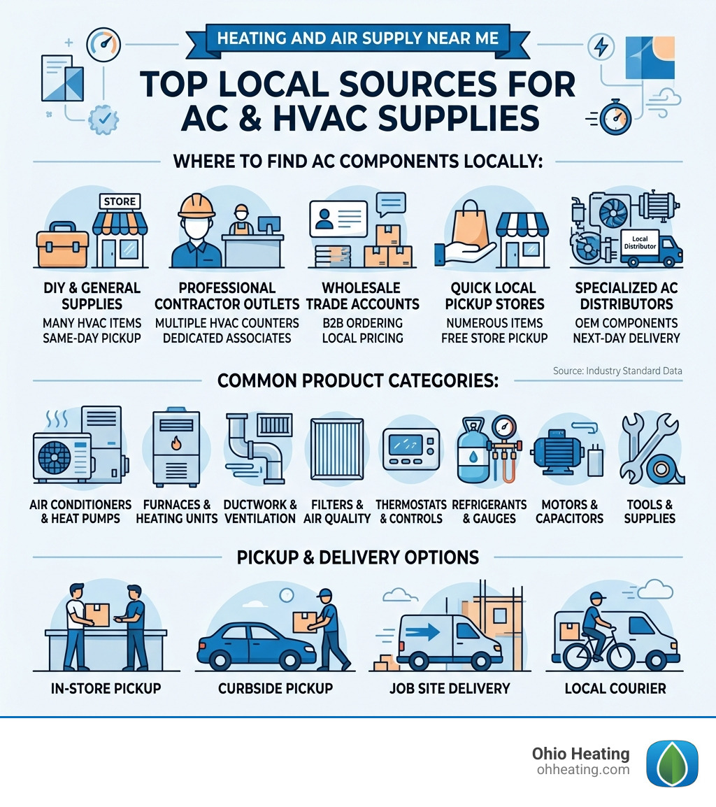 Infographic showing top local sources for AC and cooling supplies with product categories and pickup options - air conditioning Infographic showing top local sources for AC and cooling supplies with product categories and pickup options - air conditioning