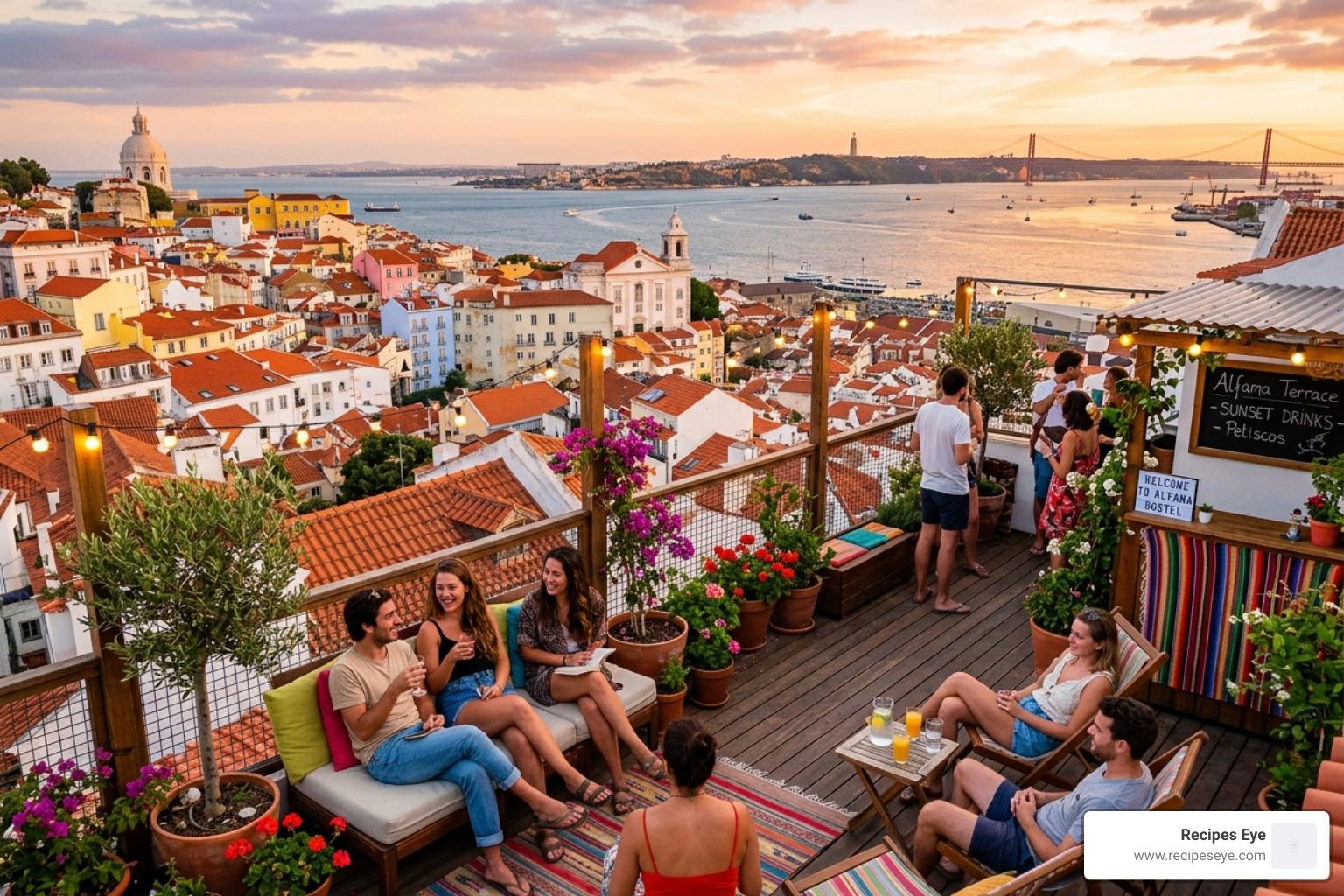 rooftop terrace overlooking the Tagus River - budget hostels lisboa alfama