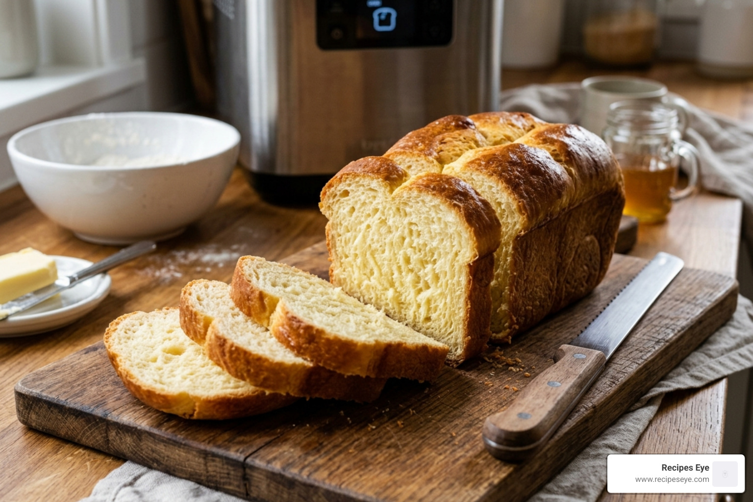 Freshly sliced golden brioche made in a bread machine - receitas de pão para máquina