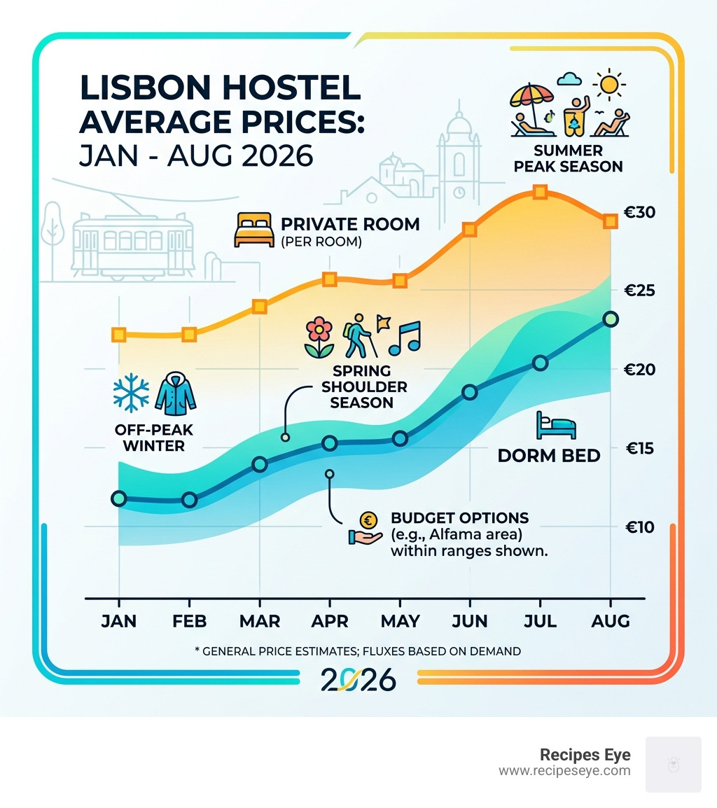 Infographic showing the average price fluctuations for Lisbon hostels from January to August 2026 - budget hostels lisboa