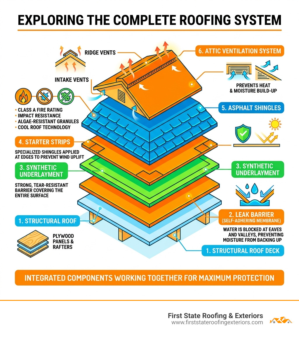 Infographic showing the layers of a complete roof system including deck, leak barrier, underlayment, shingles, and Infographic showing the layers of a complete roof system including deck, leak barrier, underlayment, shingles, and