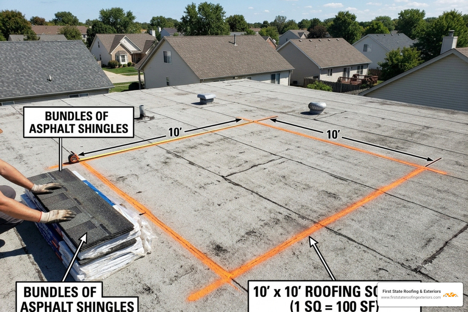 Diagram of a roofing square 10x10 feet area with bundles of shingles next to it - asphalt shingles Diagram of a roofing square 10x10 feet area with bundles of shingles next to it - asphalt shingles