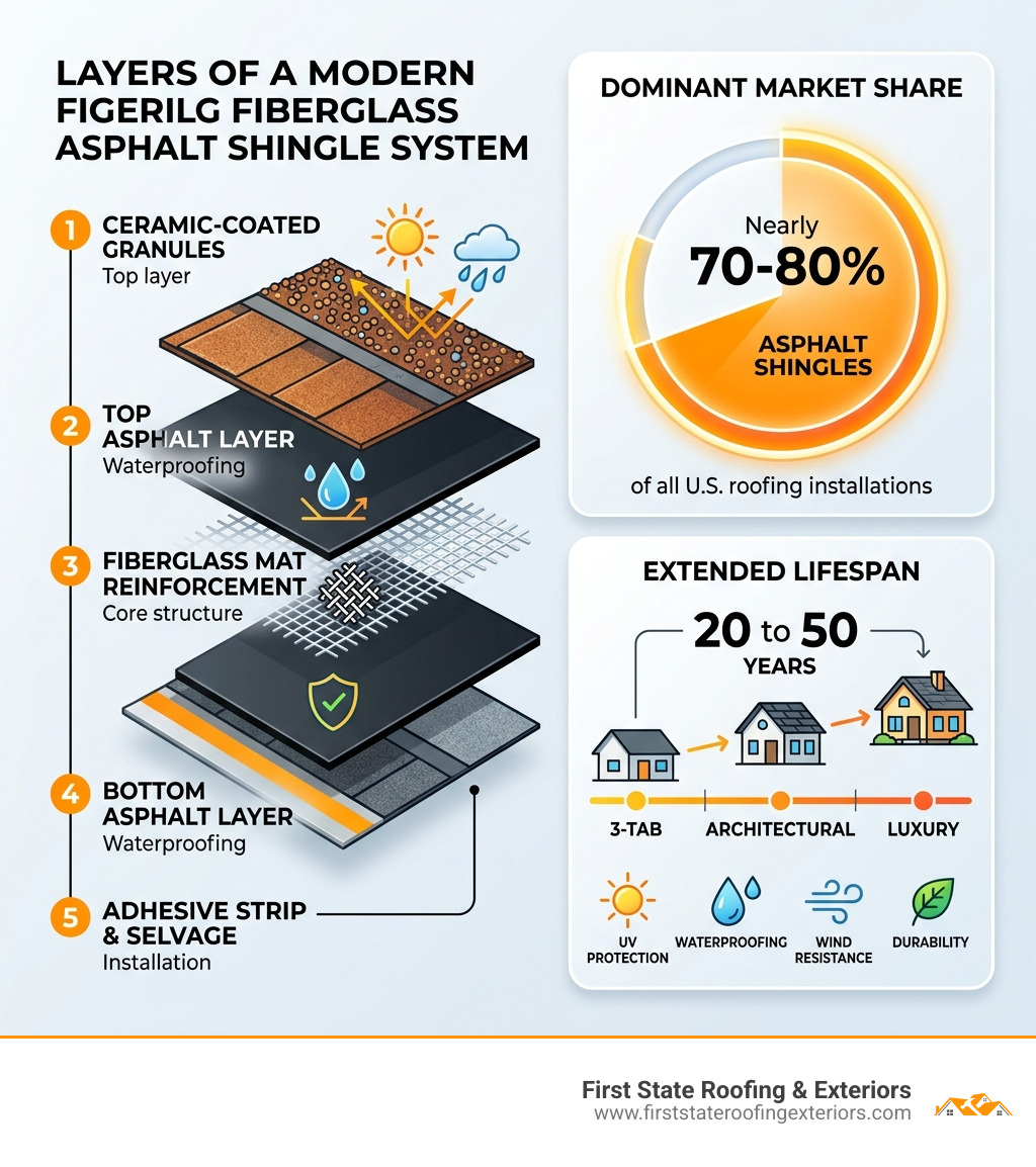 Infographic showing layers of a fiberglass asphalt shingle system with market share and lifespan data - asphalt shingles Infographic showing layers of a fiberglass asphalt shingle system with market share and lifespan data - asphalt shingles