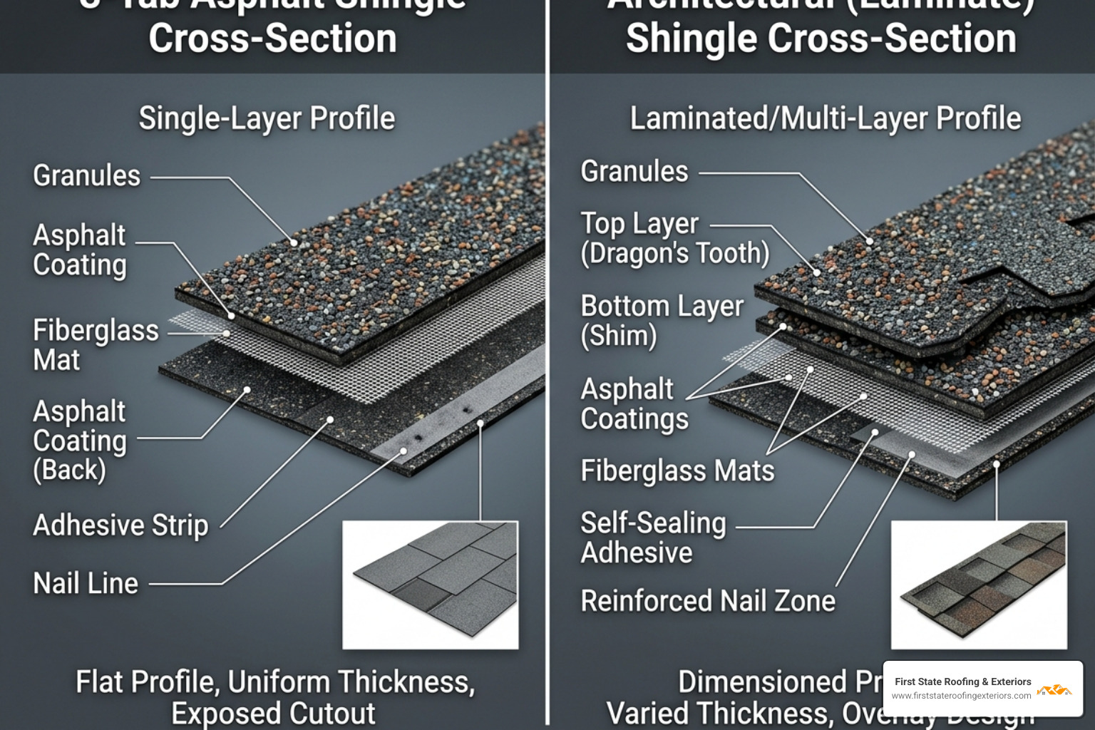 comparison of 3-tab and architectural shingle profiles showing the difference in thickness and layering - asphalt shingles comparison of 3-tab and architectural shingle profiles showing the difference in thickness and layering - asphalt shingles
