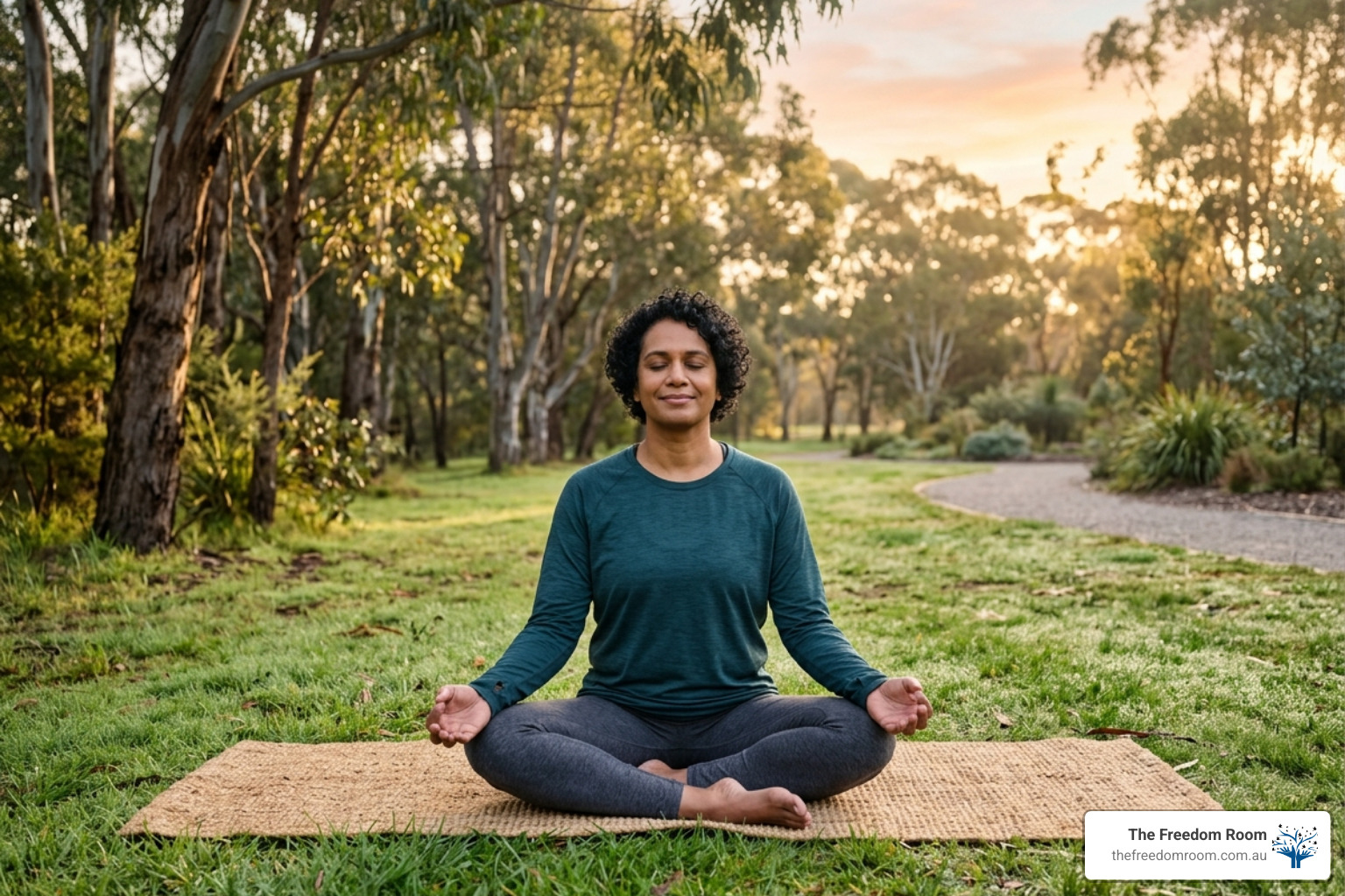 a person practicing mindfulness meditation in a serene Australian park at sunrise: addiction recovery strategies