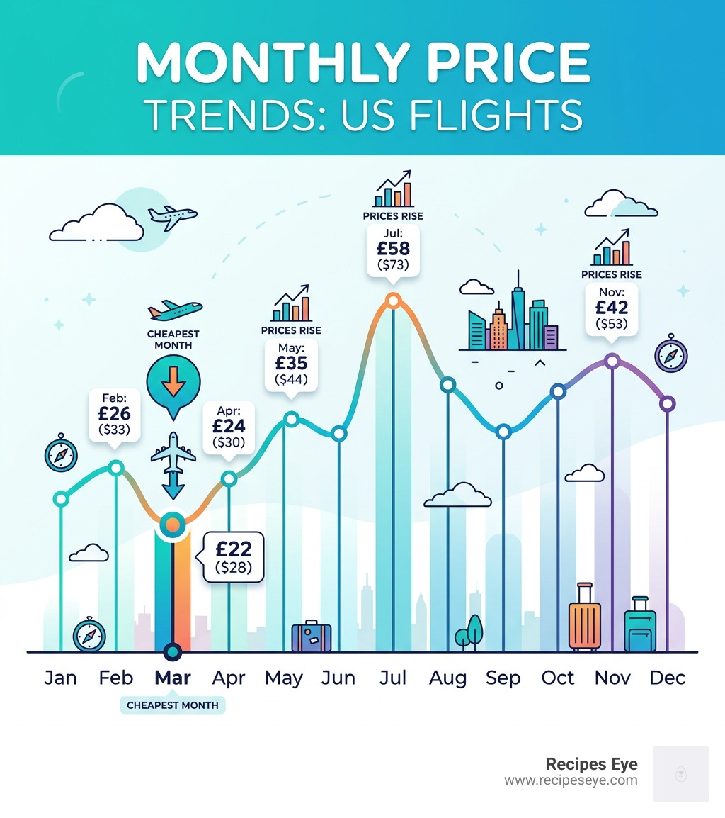 Infographic showing monthly price trends for US flights with March being the lowest - skyscanner cheapest flights