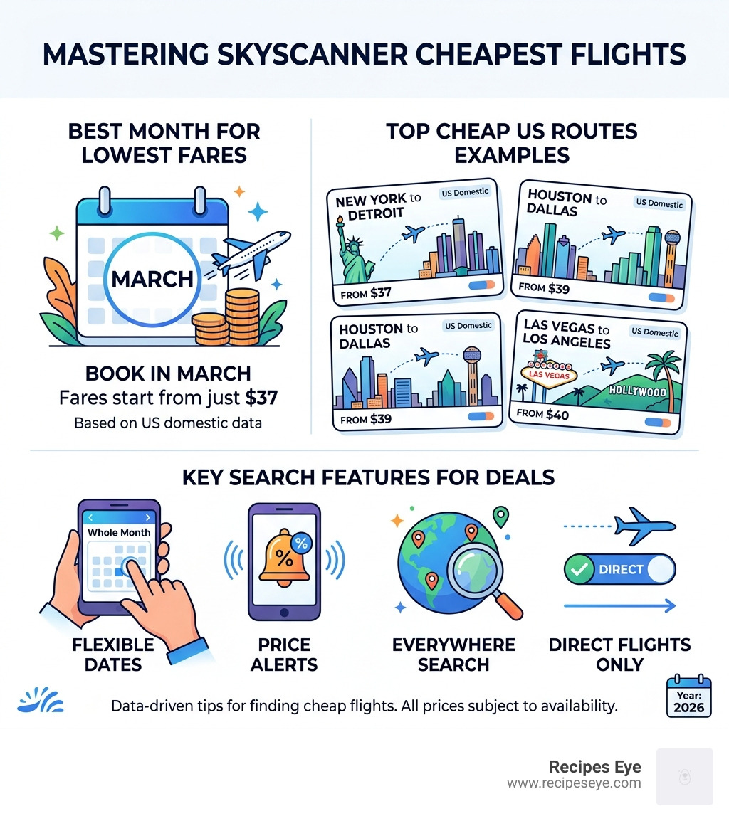 Infographic showing Skyscanner cheapest flights tips: best month March from $37, top cheap routes, and key search features