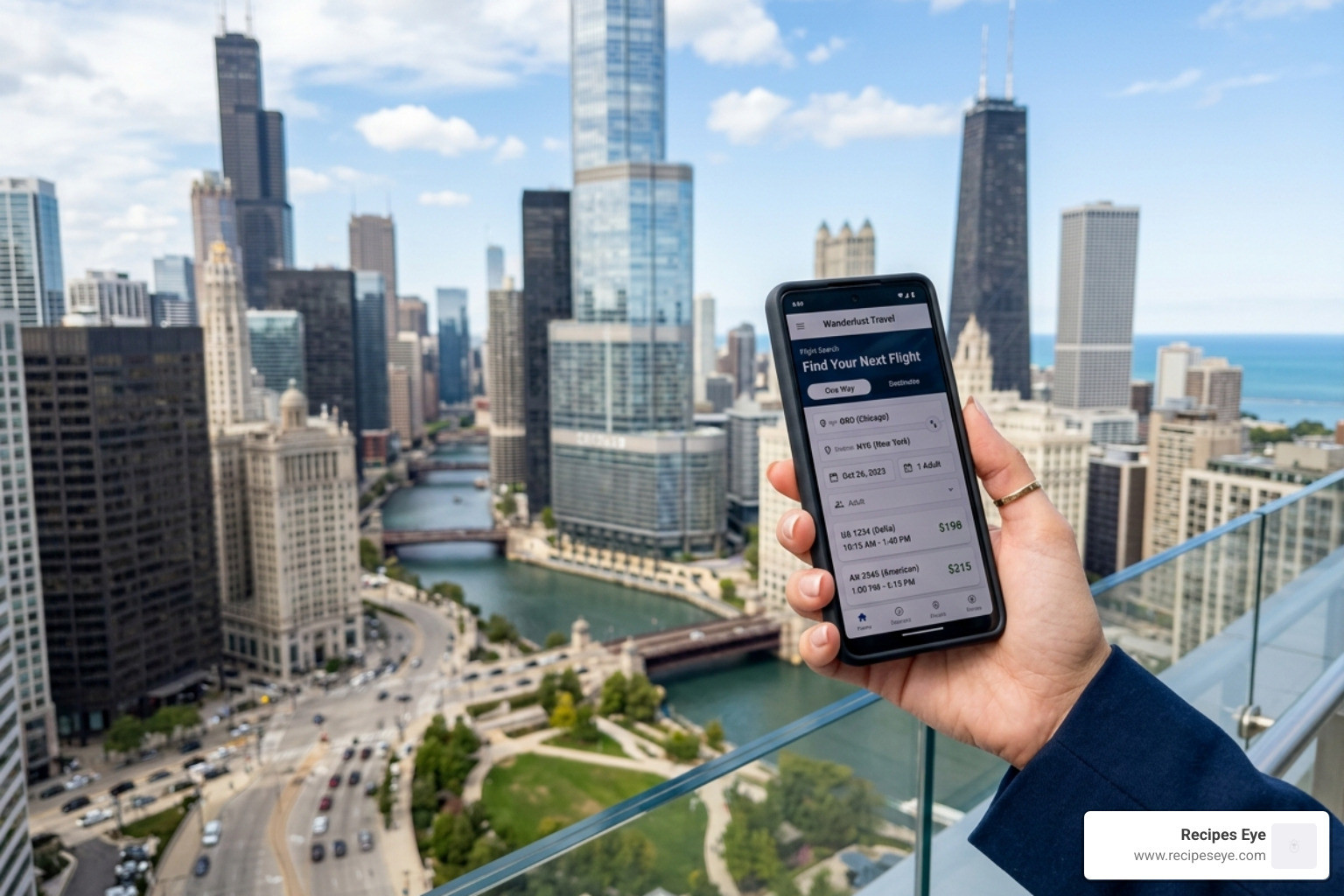 Smartphone with travel app open - skyscanner cheapest flights