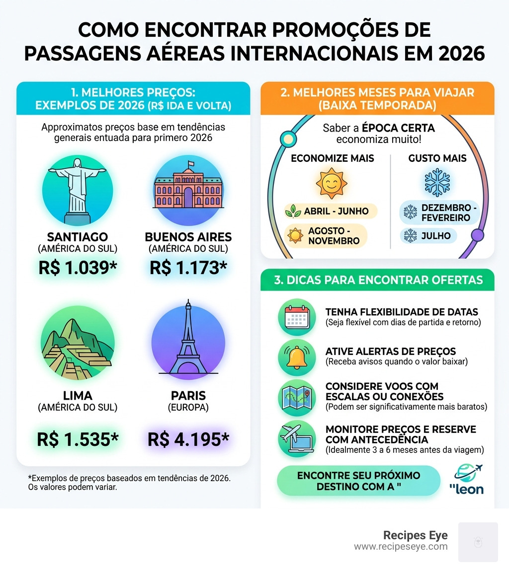 Infographic showing best prices, cheapest travel months, and tips to find international flight deals in 2026 - promoções de