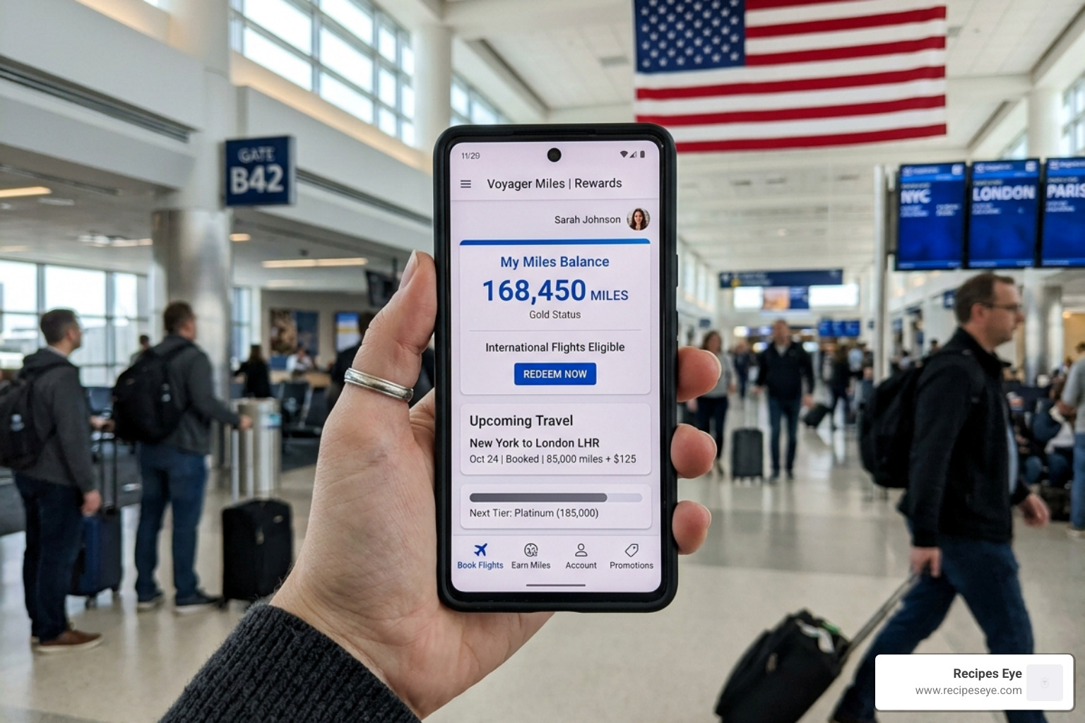Smartphone screen showing a travel loyalty program app with points balance - promoções de passagens aereas internacionais