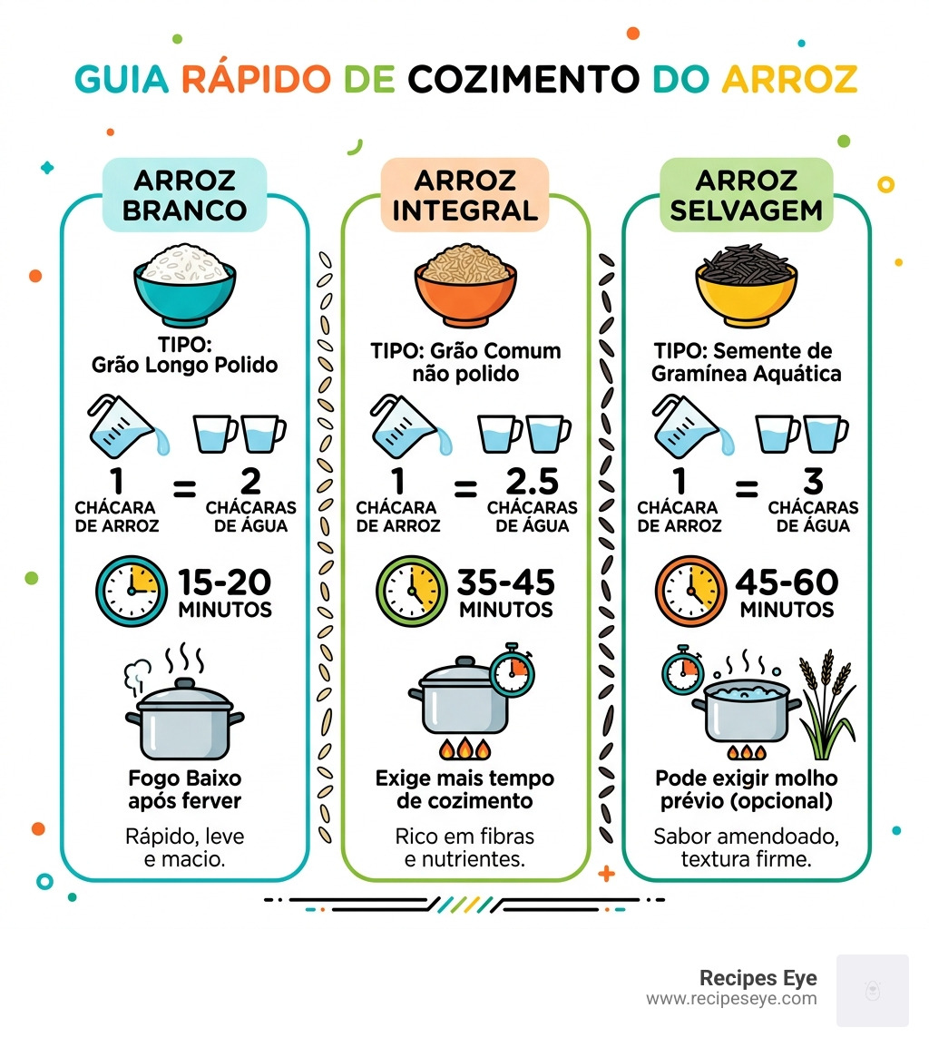 infographic showing rice types, water ratios, and cooking times for white, integral, and wild rice - receitas de arroz