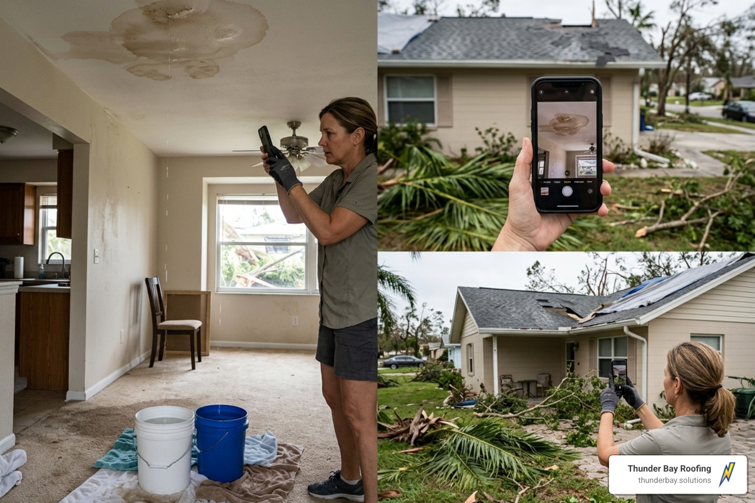 Homeowner taking photos of interior water damage and exterior roof debris for insurance documentation - emergency roof