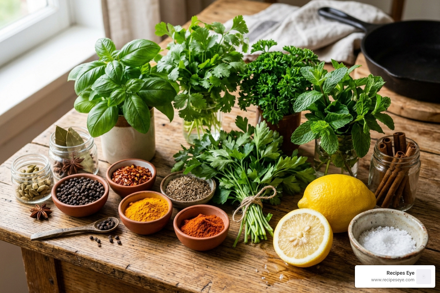 Variedade de temperos frescos, ervas aromáticas e limão sobre uma mesa de madeira - receitas baixas calorias