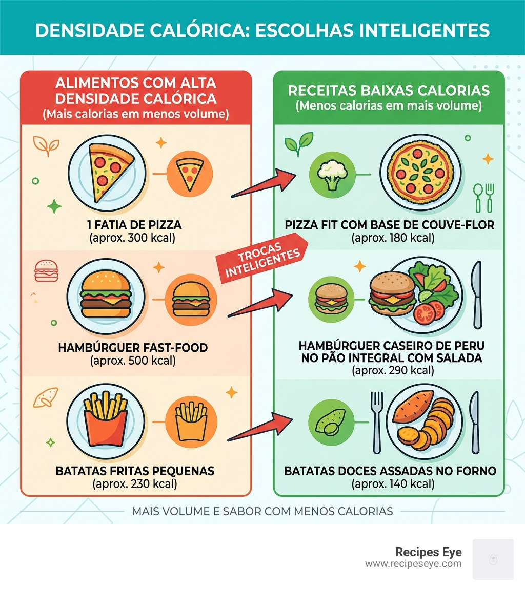 Infographic showing caloric density of common foods vs low-calorie recipe alternatives - receitas baixas calorias