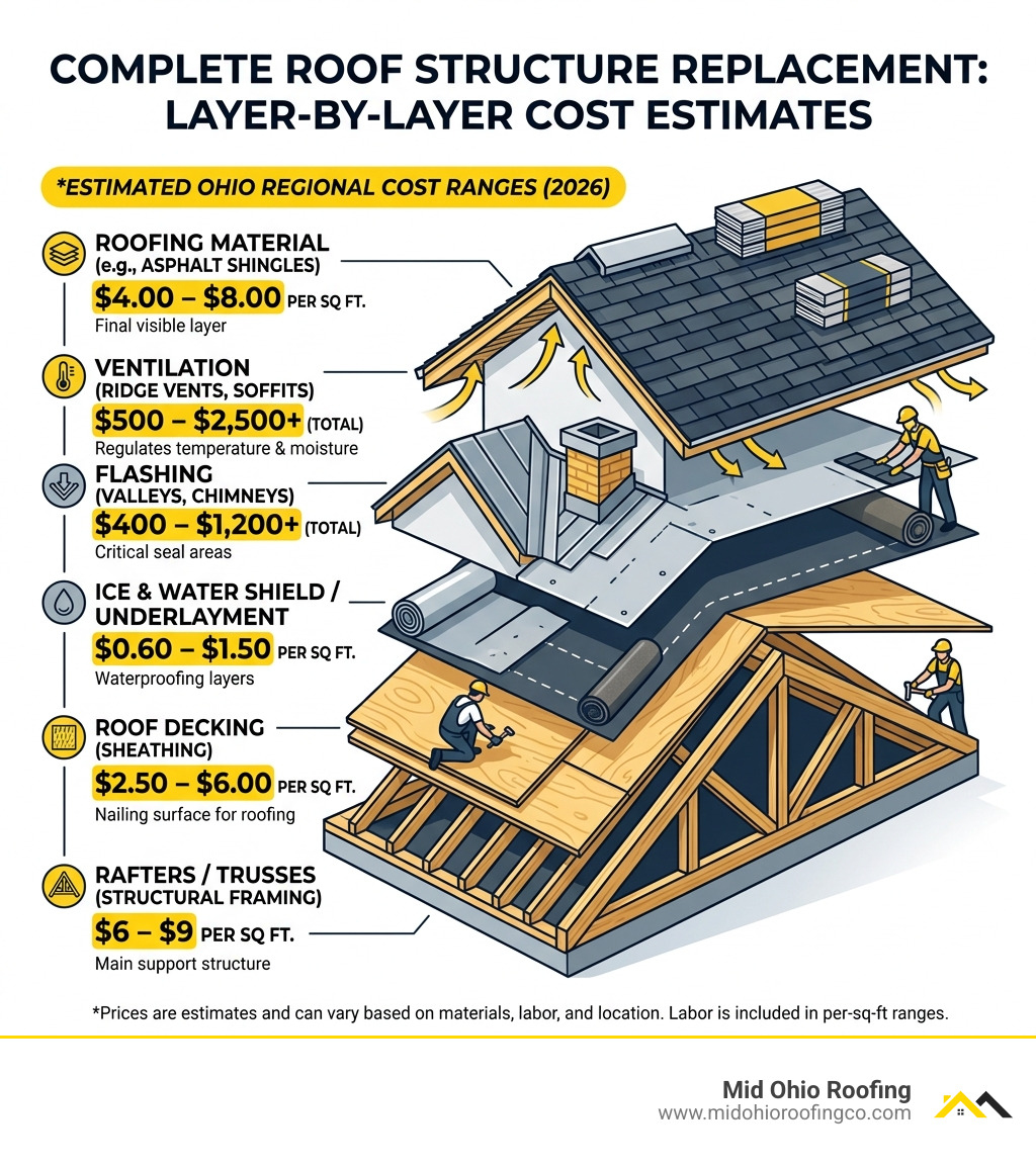 Infographic showing layers of a complete roof structure from rafters to shingles with cost ranges per component - cost to Infographic showing layers of a complete roof structure from rafters to shingles with cost ranges per component - cost to