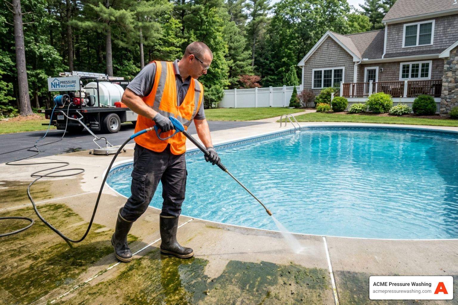 Professional pressure washing of a pool apron in Amherst, NH - remove algae from pool