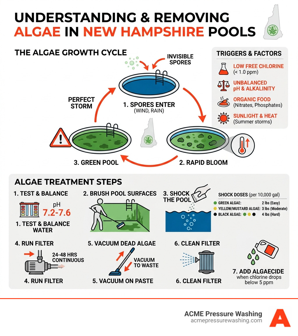 Infographic showing the algae growth cycle in New Hampshire pools with triggers and treatment steps - remove algae from pool