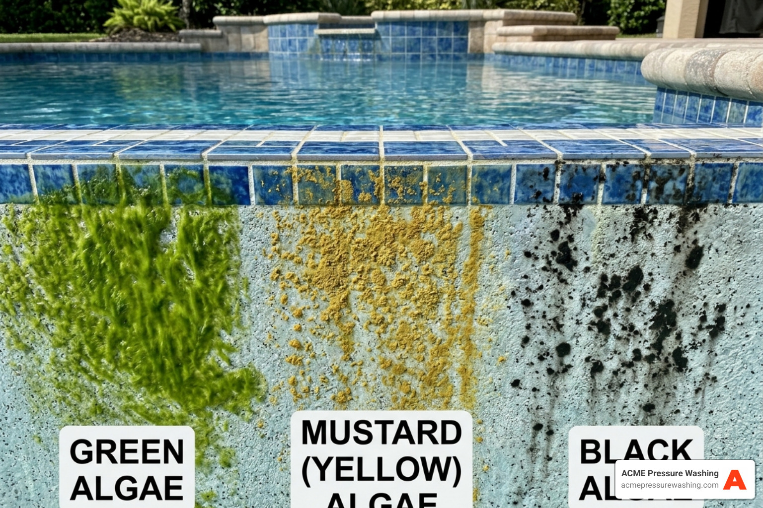 Comparison of green, mustard, and black algae on pool surfaces - remove algae from pool