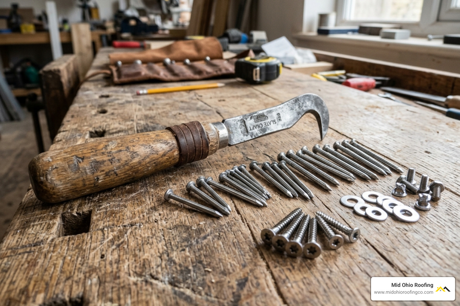A slater's ripper and stainless steel fasteners laid out on a workbench - replacing cedar shingles A slater's ripper and stainless steel fasteners laid out on a workbench - replacing cedar shingles