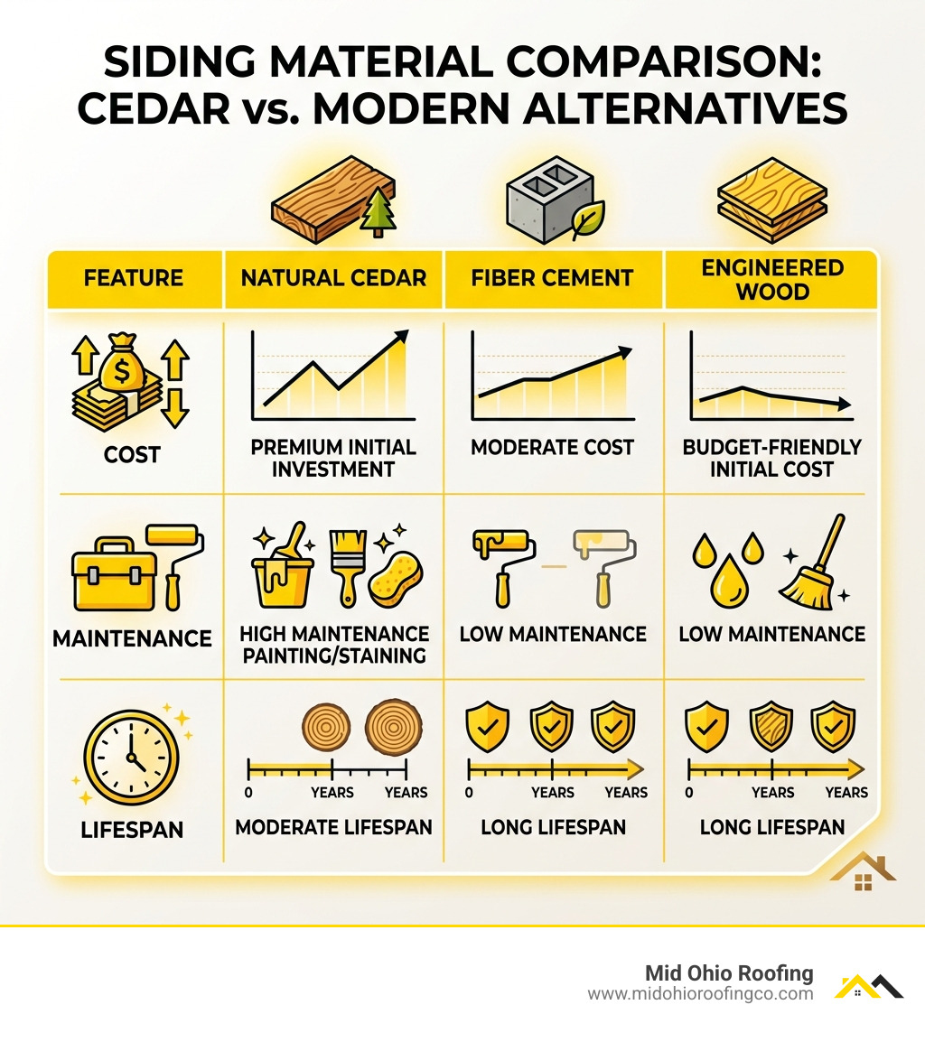 Table comparing Cedar, Fiber Cement, and Engineered Wood on cost, maintenance, and lifespan - replacing cedar shingles Table comparing Cedar, Fiber Cement, and Engineered Wood on cost, maintenance, and lifespan - replacing cedar shingles