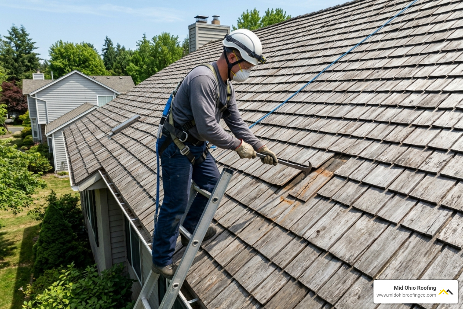 A woodworker wearing safety gear using a slater's ripper to remove a damaged cedar shingle - replacing cedar shingles A woodworker wearing safety gear using a slater's ripper to remove a damaged cedar shingle - replacing cedar shingles