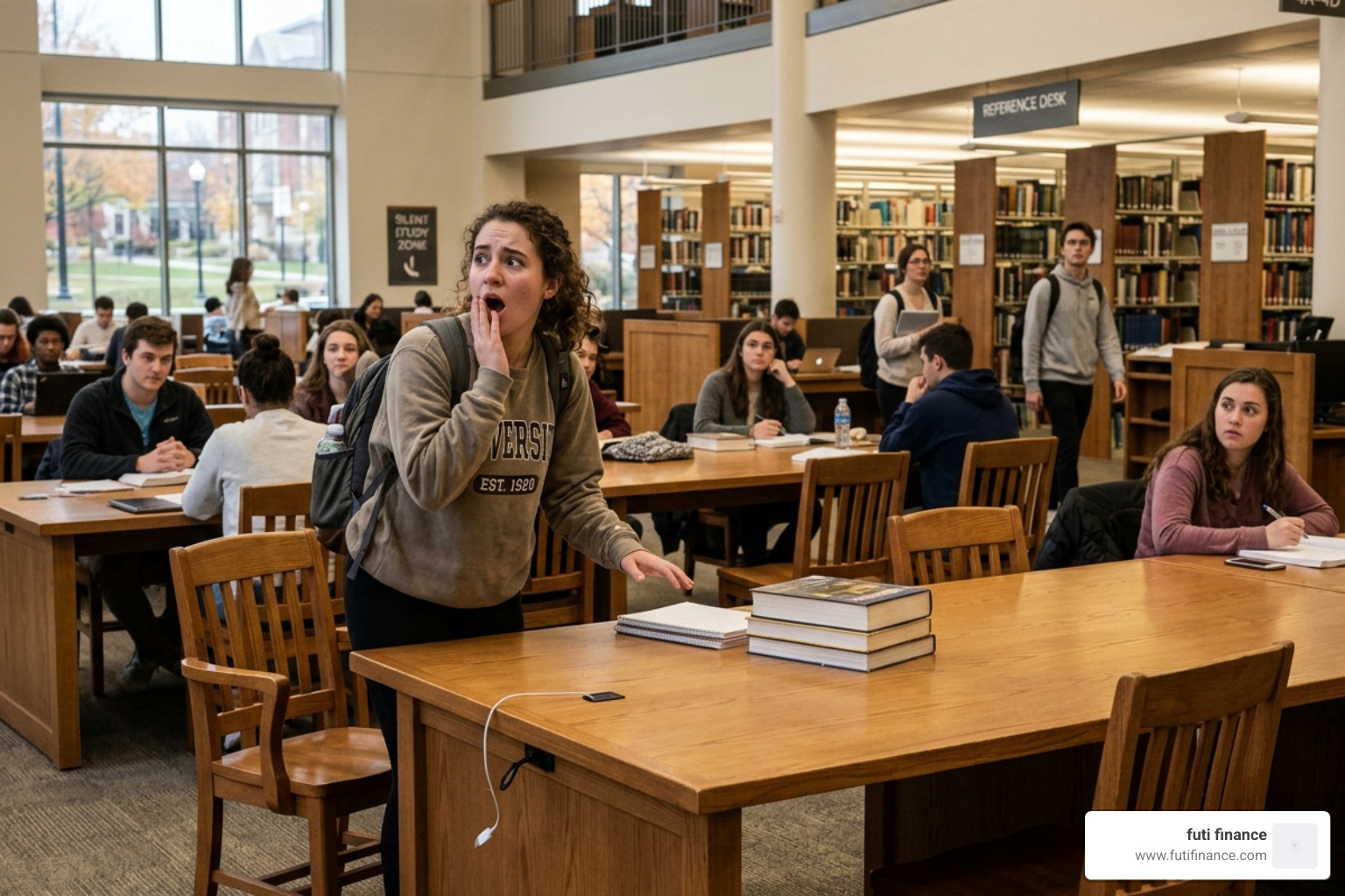 a college student noticing their laptop has been stolen from a library table - campus device theft coverage
