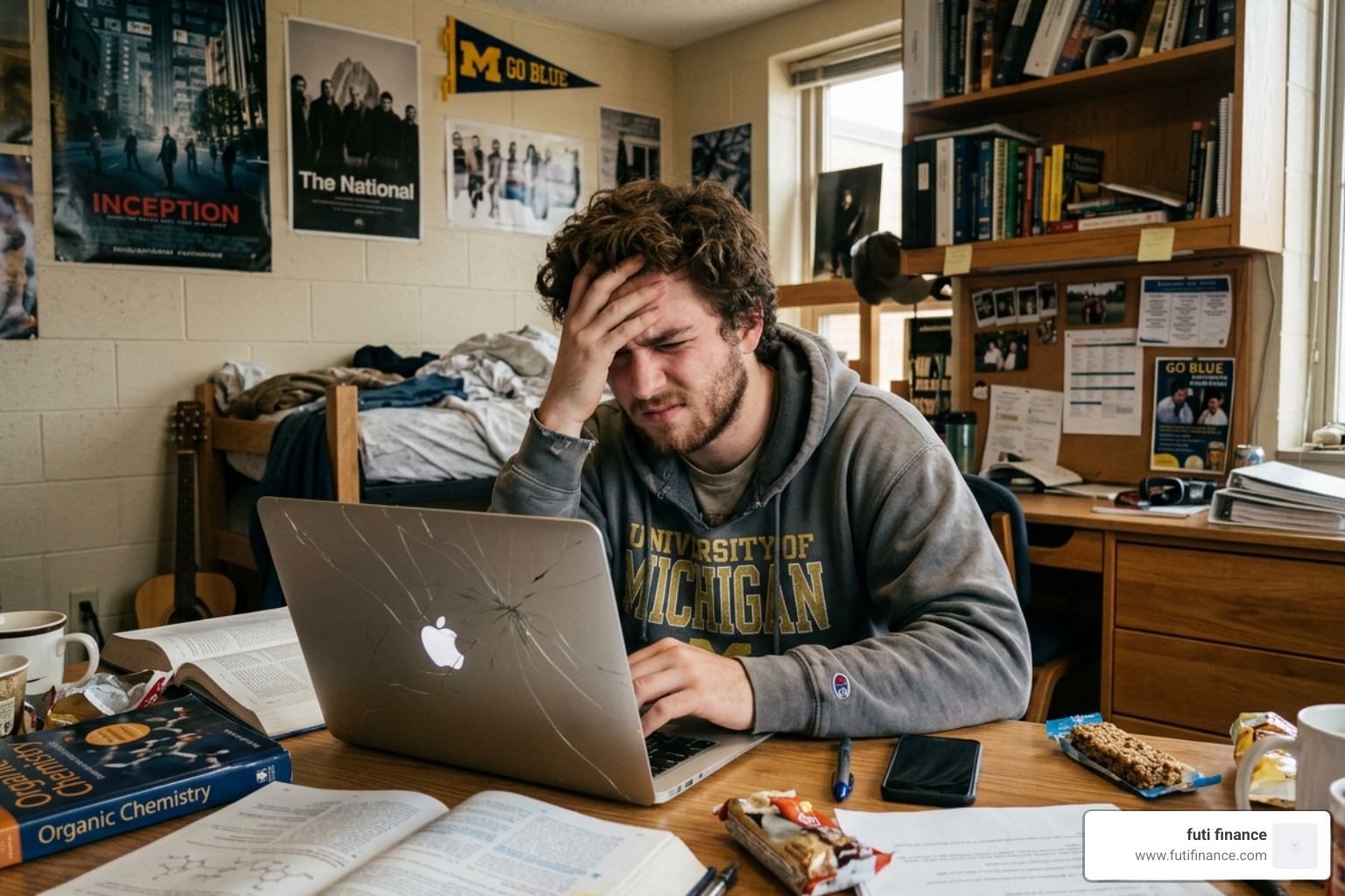 Student looking at a laptop with a cracked screen in a dorm room - university laptop insurance