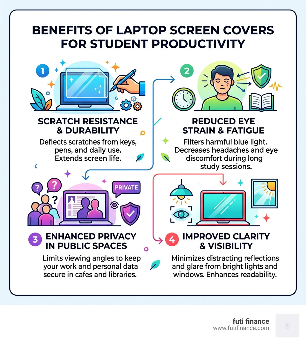 Benefits of laptop screen covers for student productivity infographic - laptop screen cover university students infographic 