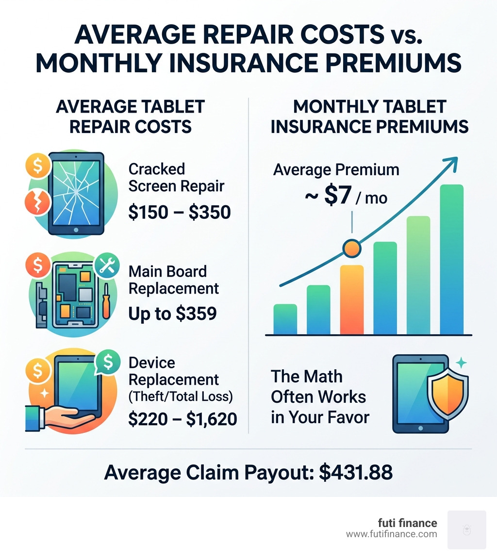 Average tablet repair costs vs. monthly insurance premiums comparison infographic - tablet insurance infographic 