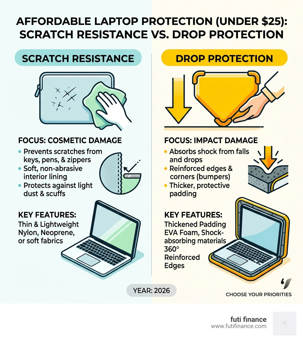 comparison infographic: scratch resistance vs drop protection in laptop sleeves under $25 - affordable laptop cover