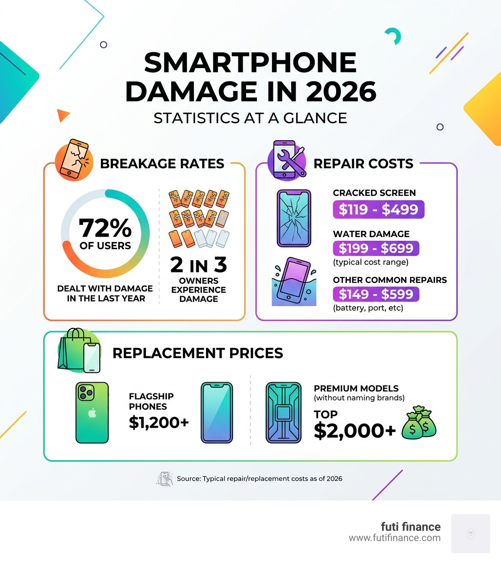 phone damage statistics infographic showing breakage rates, repair costs, and replacement prices - smartphone insurance
