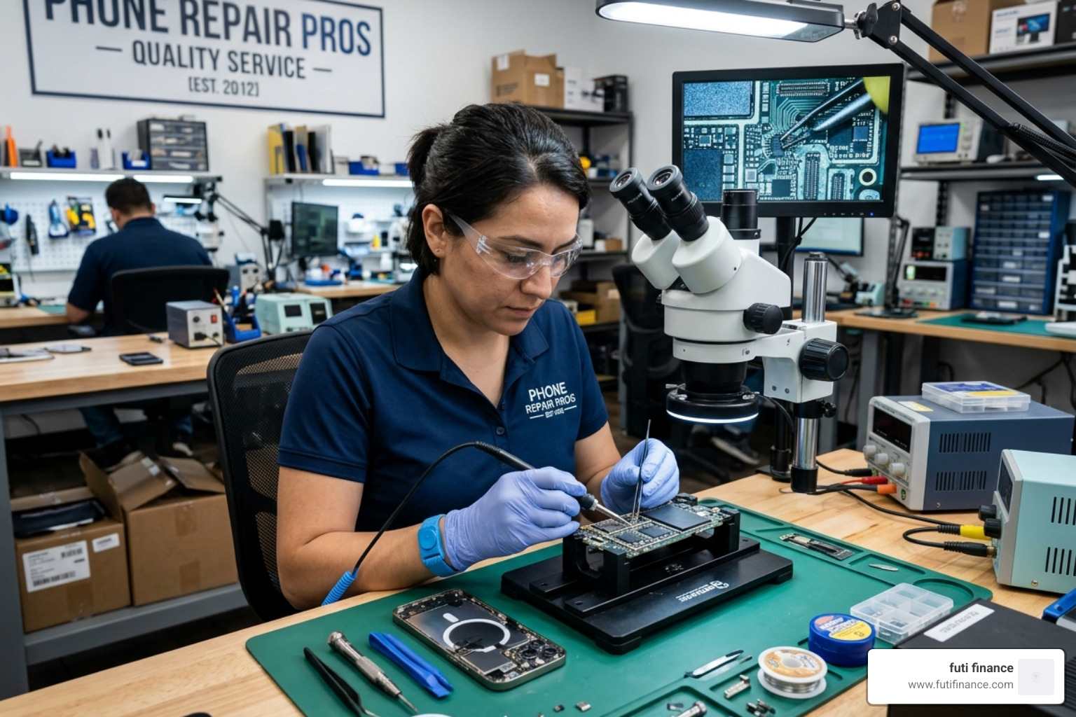 a professional phone repair technician working on a complex smartphone motherboard - smartphone insurance