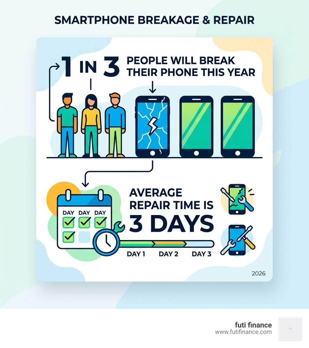infographic showing that 1 in 3 people will break their phone this year and the average repair time is 3 days - smartphone
