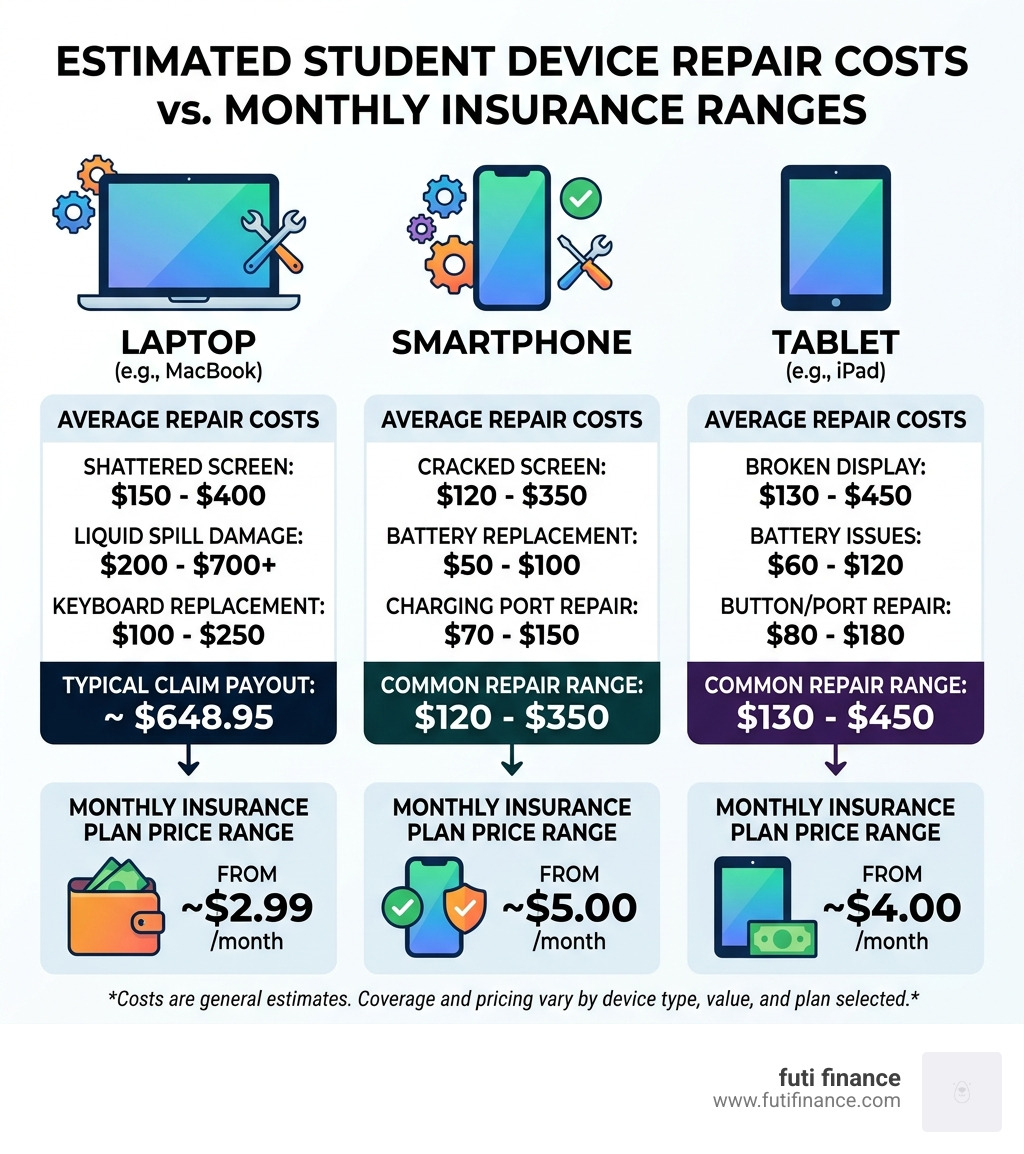 Infographic showing average repair costs for common student devices and matching insurance plan price ranges - cheap college