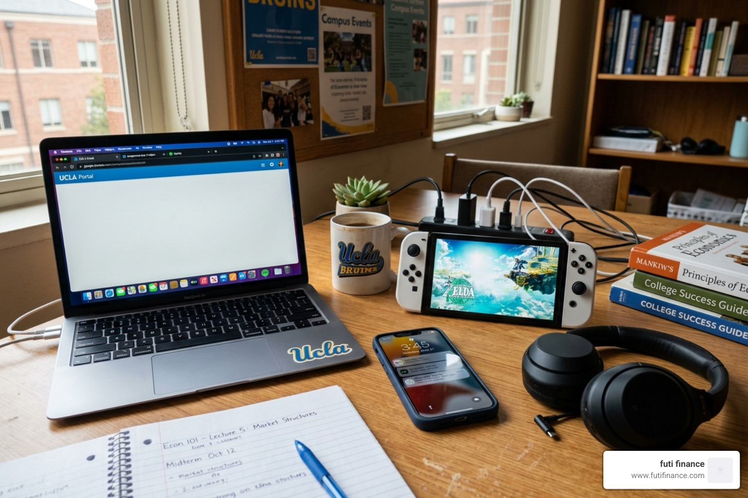 A collection of student electronics including a laptop, smartphone, gaming console, and headphones - cheap college device