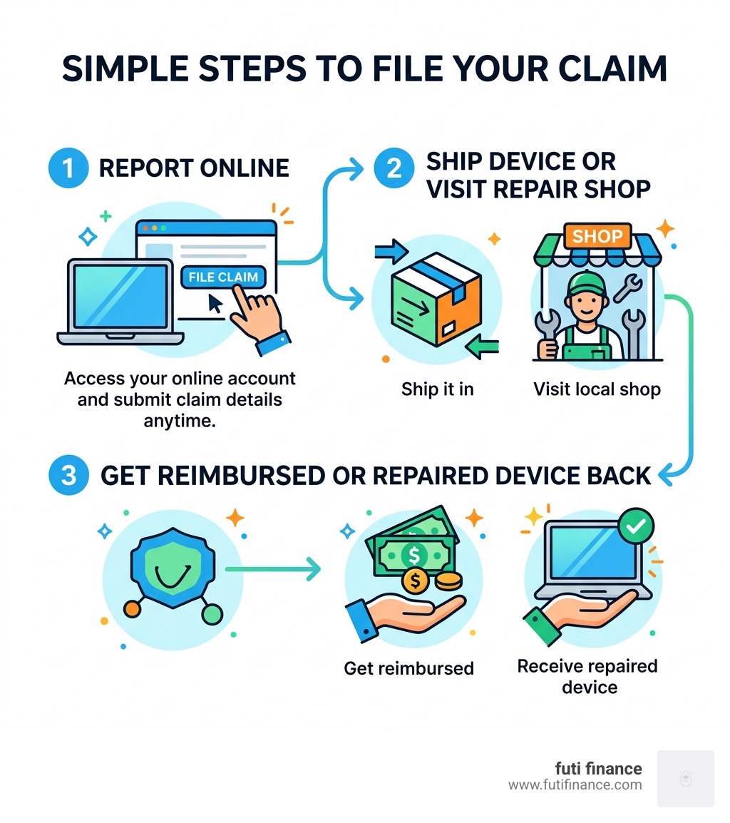 Infographic showing the steps to file a claim: 1. Report online, 2. Ship device or visit local repair shop, 3. Get