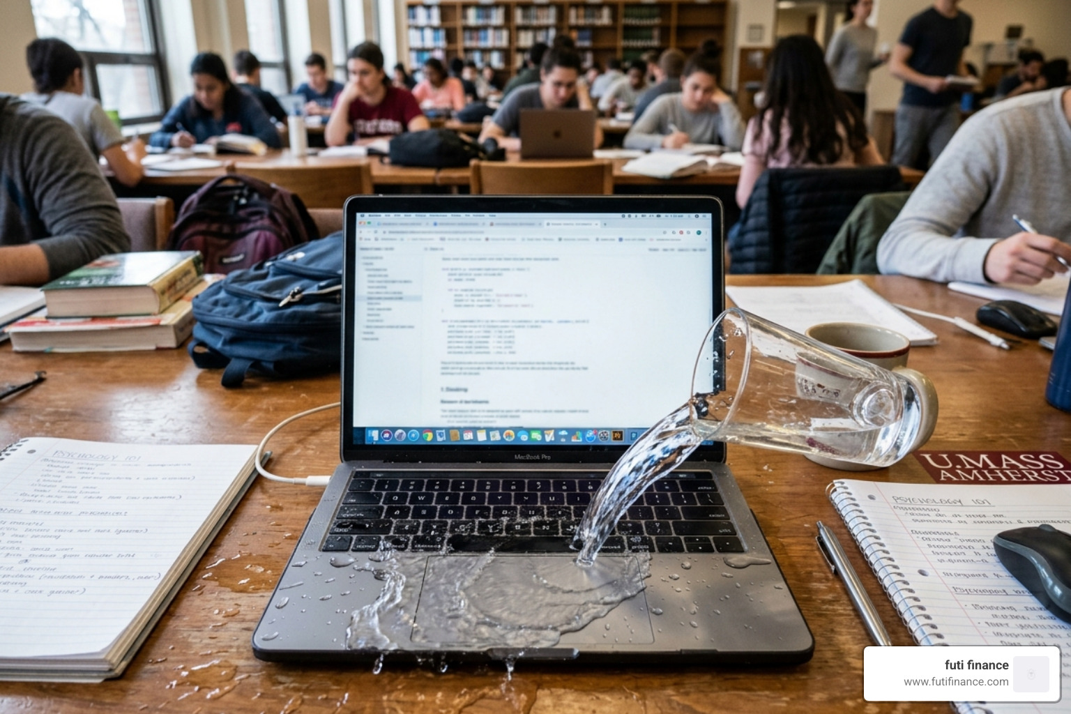 a glass of water spilling onto a laptop keyboard in a study hall - student laptop insurance