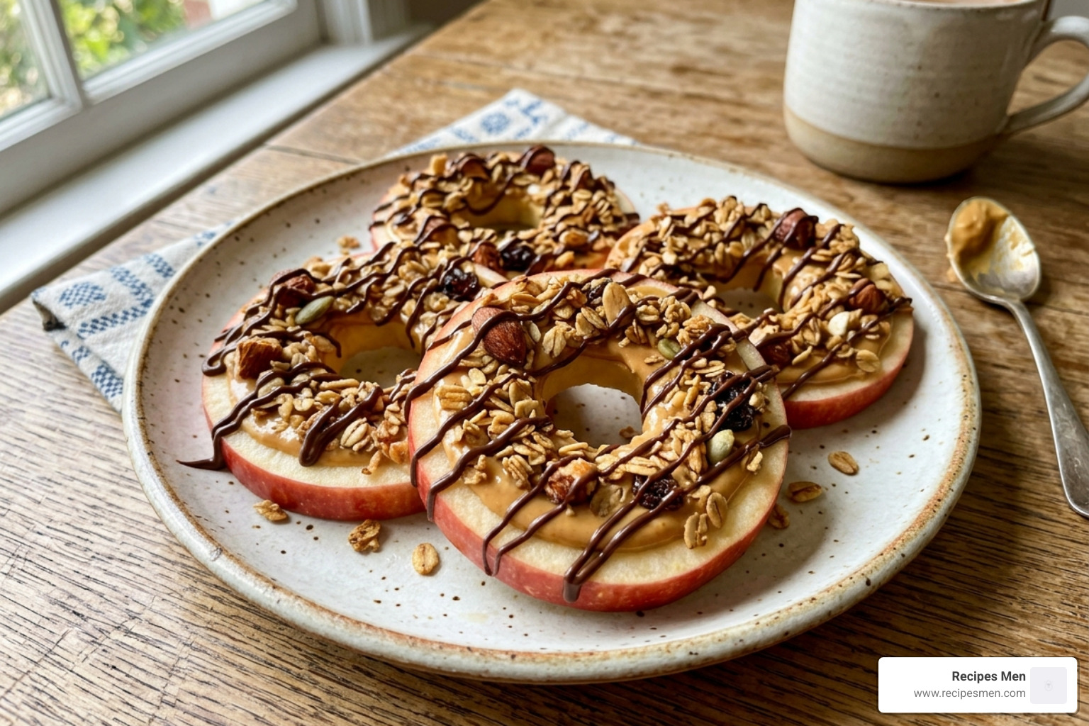 Apple rings topped with peanut butter, granola, and a light chocolate drizzle - apple slices peanut butter