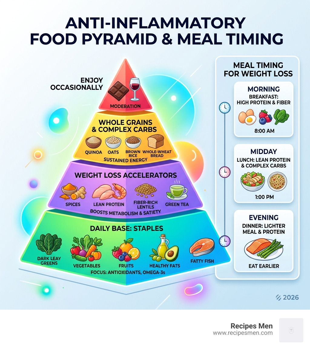 Anti-inflammatory food pyramid with key weight loss ingredients and meal timing - healthy easy food recipes to lose weight