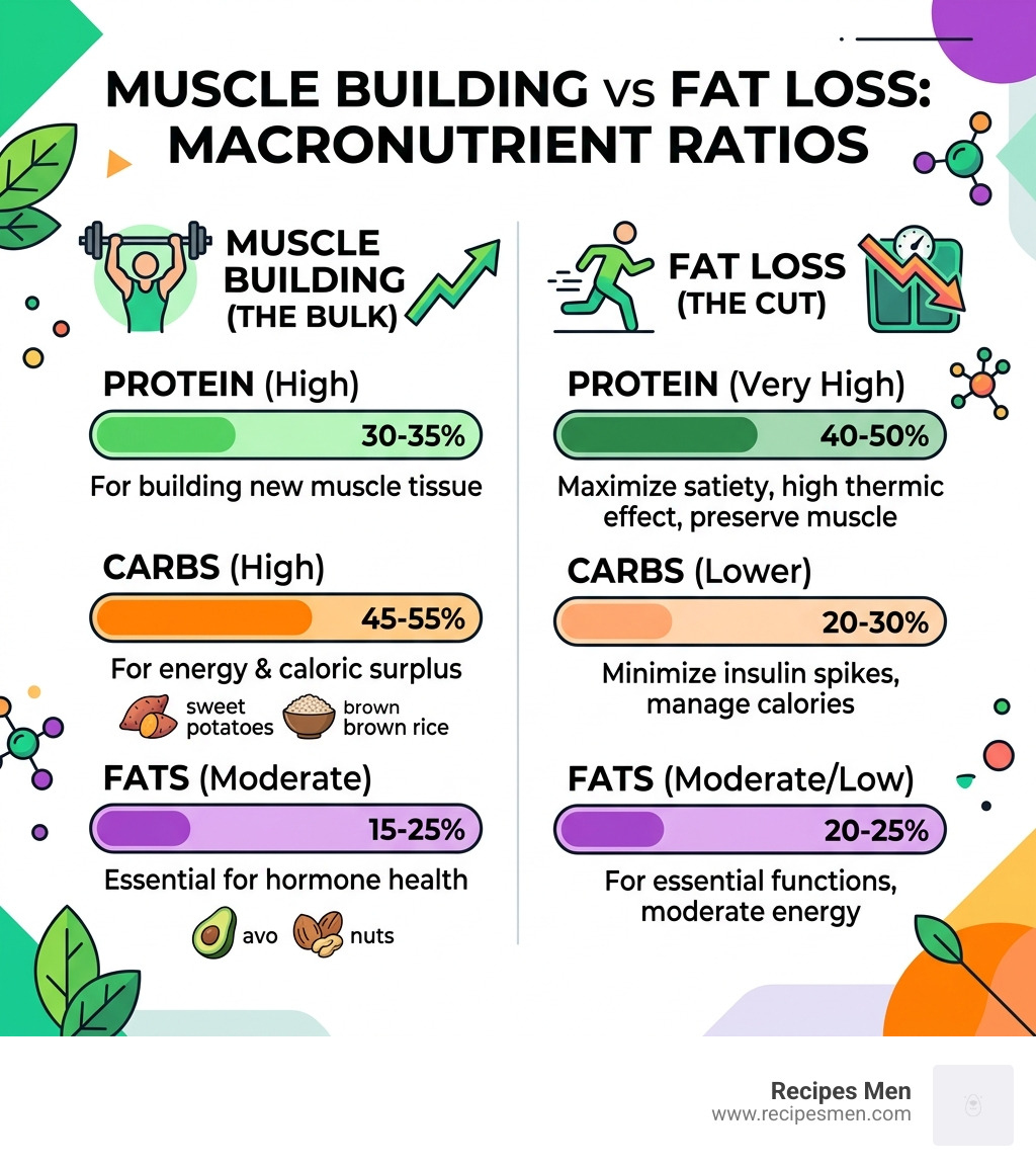 Table comparing muscle building vs fat loss macronutrient ratios - post gym protein lunches infographic 
