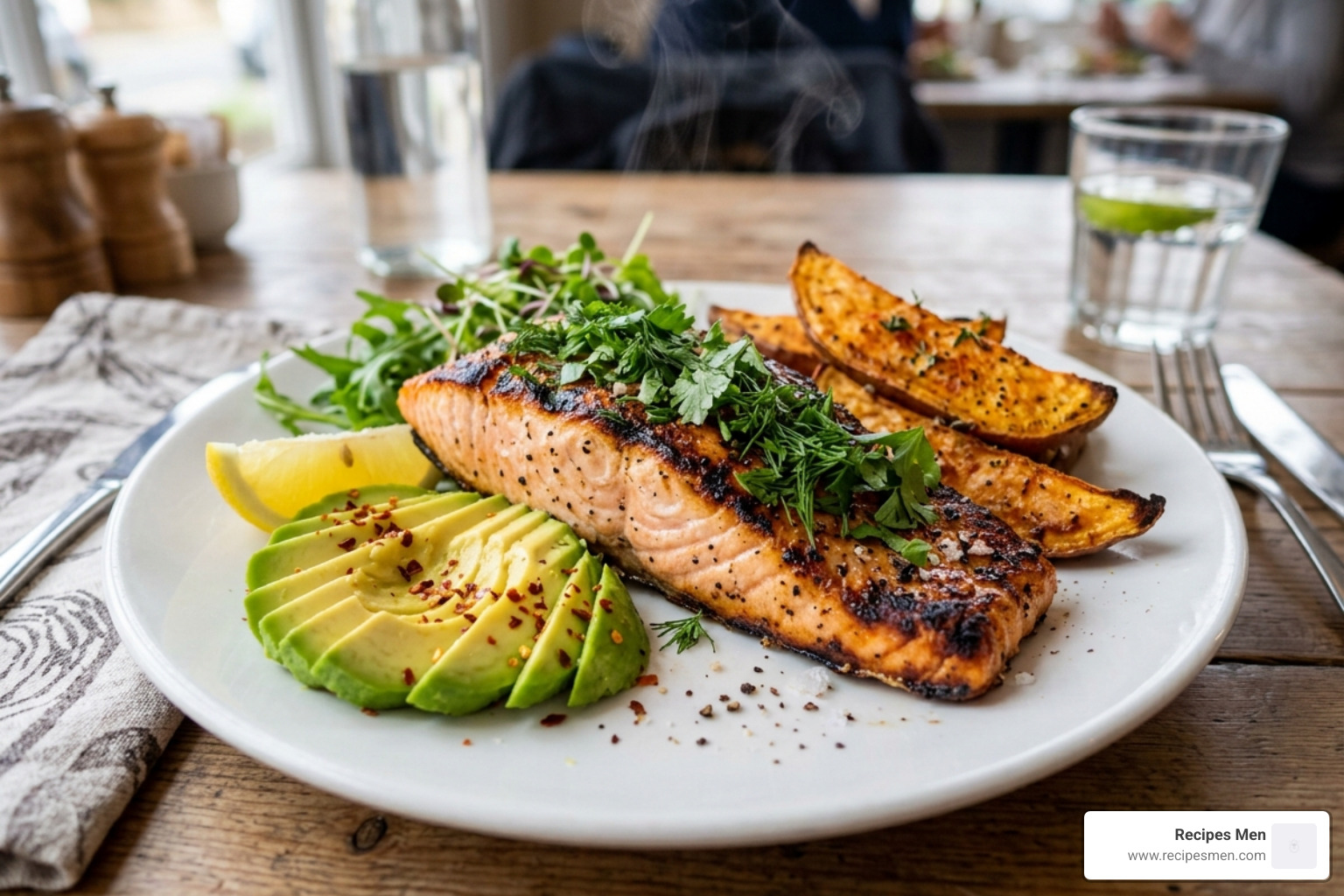grilled salmon with avocado and sweet potato - post gym protein lunches