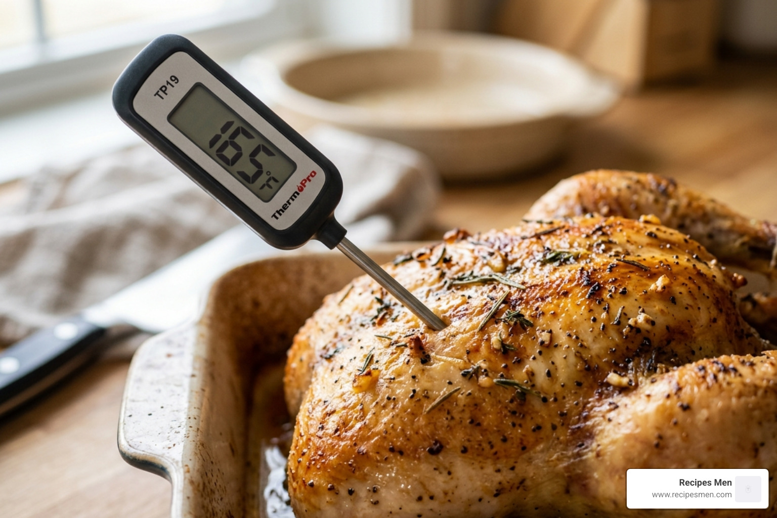 Digital meat thermometer showing 165 degrees Fahrenheit in a roasted chicken breast - simple high protein chicken recipes