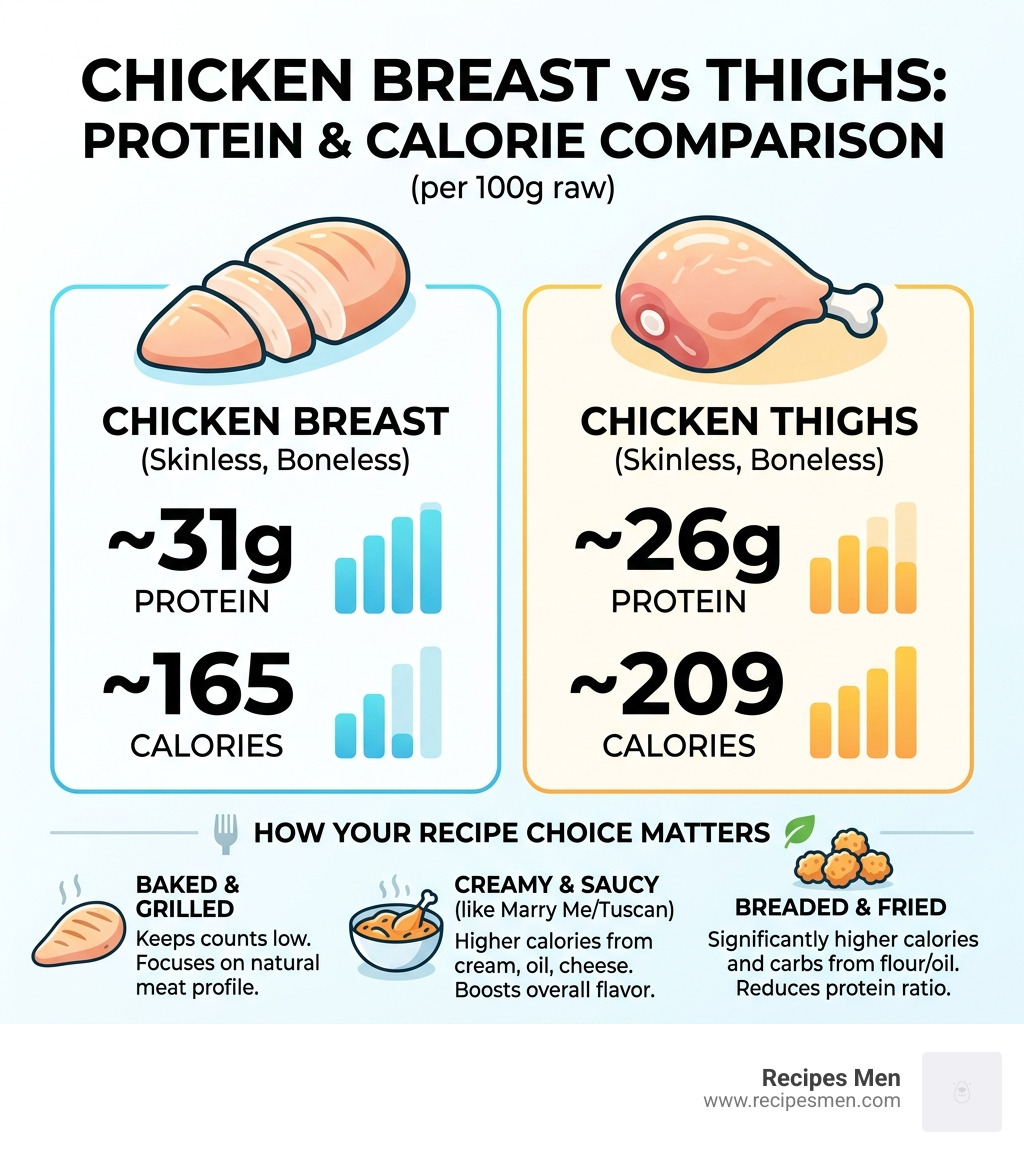 Infographic showing protein and calorie comparison of chicken breast vs thighs across top recipes - simple high protein