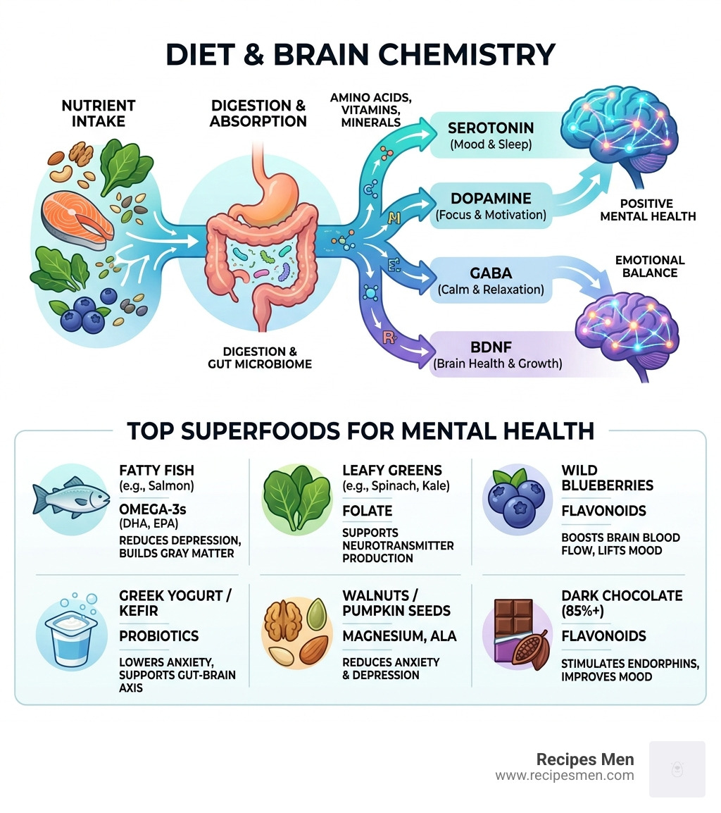 infographic showing diet to neurotransmitter production connection and top superfoods for mental health - Superfoods mental