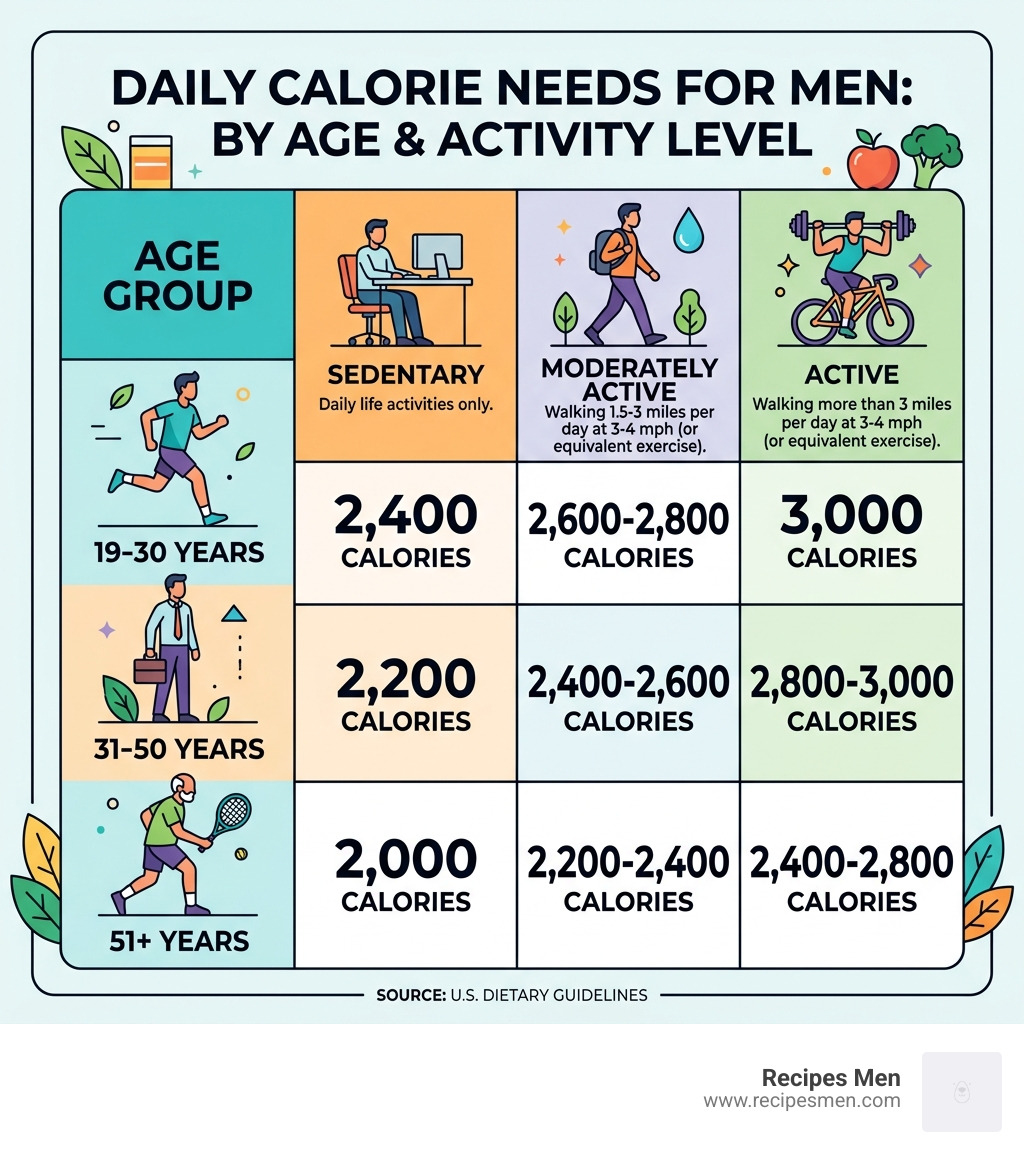 Table comparing daily calorie needs by age and activity level for men - daily diet for men infographic 