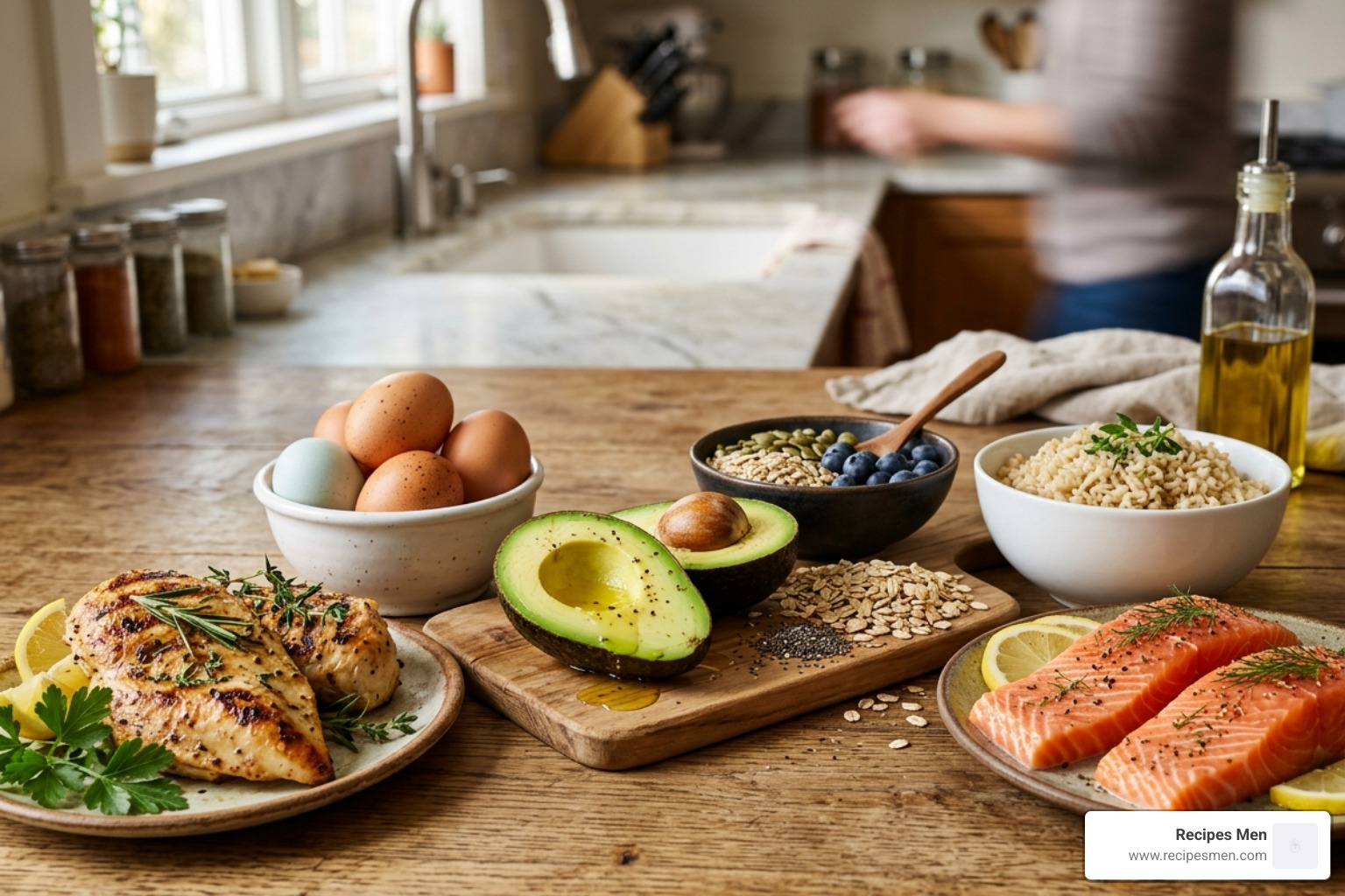 A variety of whole foods including chicken, eggs, and avocados for muscle gain - simple diet for muscle gain