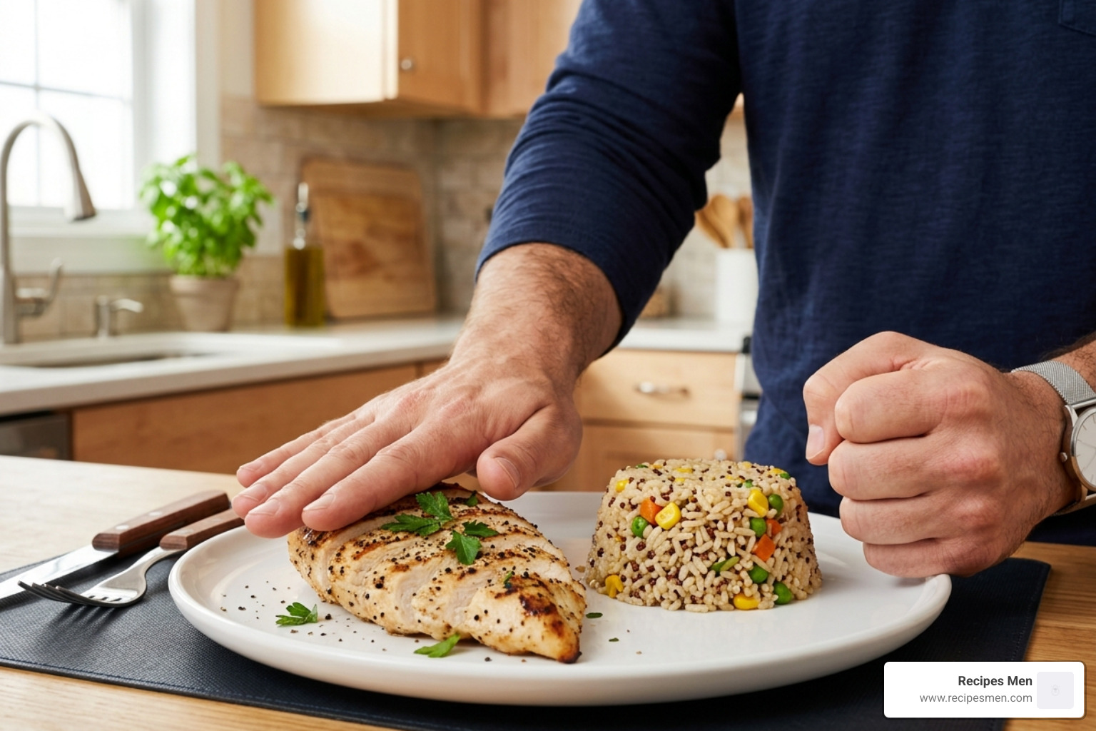 Hand measurements for portion control showing palm for protein and fist for carbs - daily diet for men