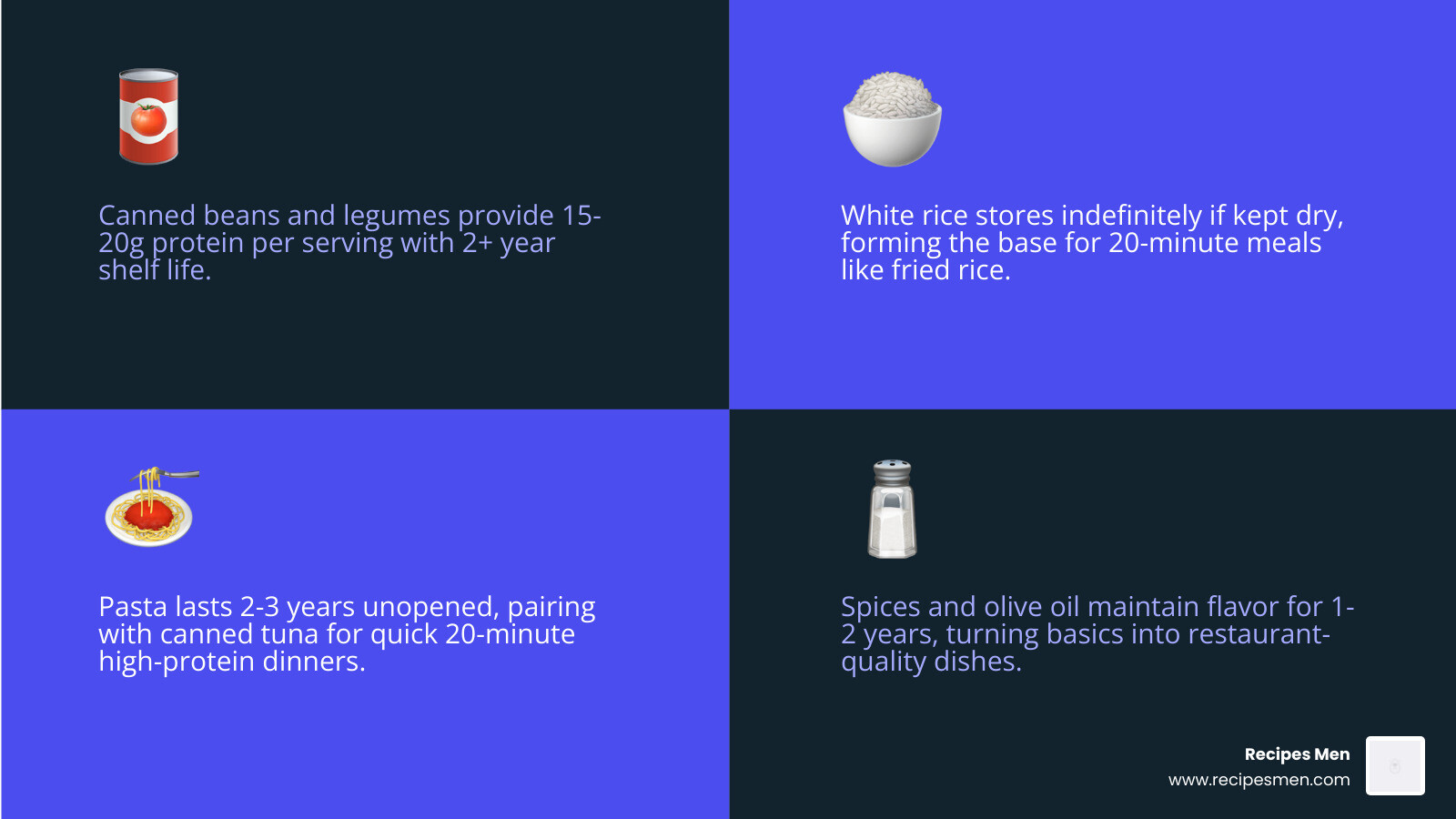 10 essential pantry categories for easy meals with shelf life and protein content - easy pantry staple meals infographic