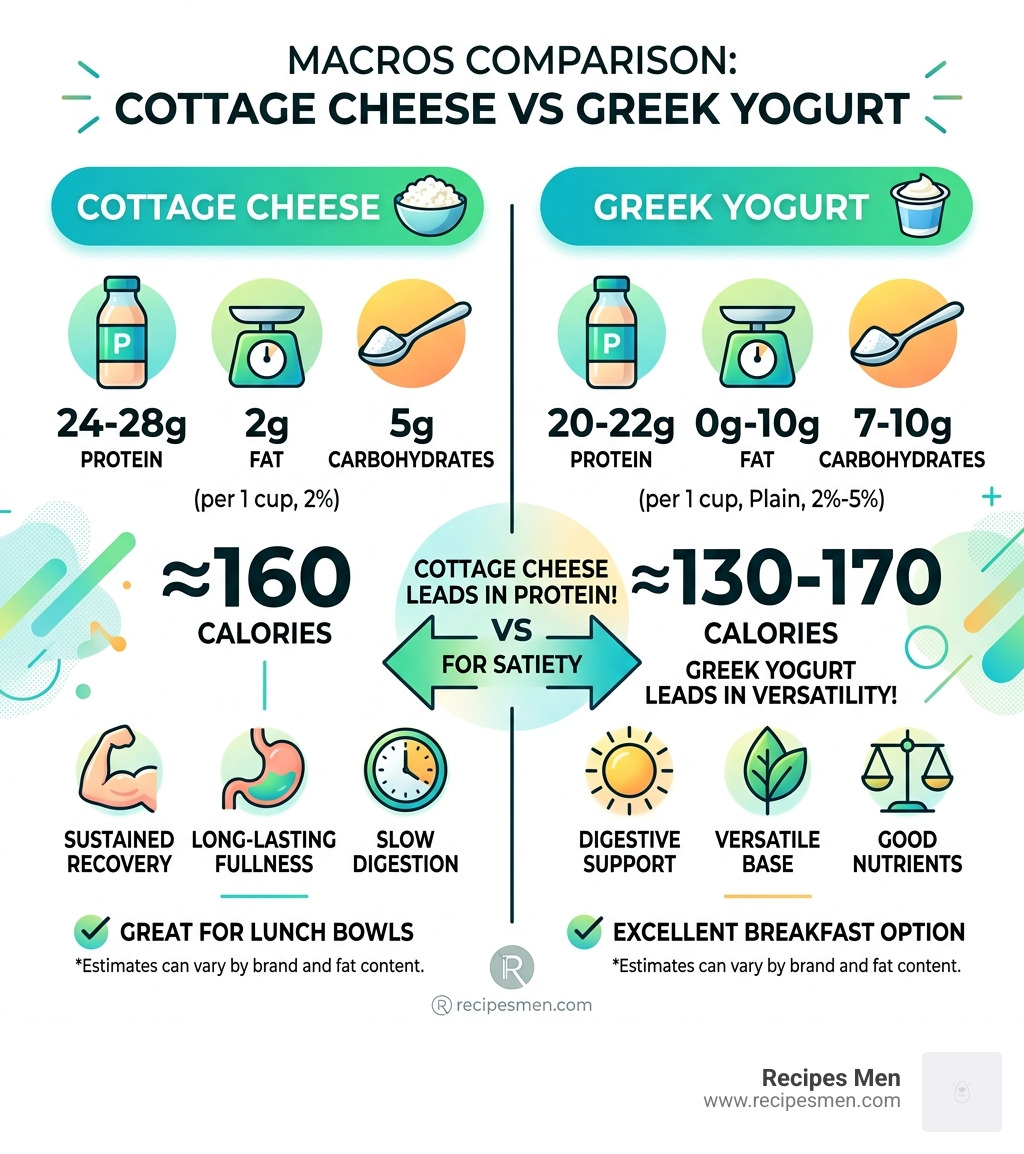 Cottage cheese vs Greek yogurt macros comparison infographic - cottage cheese lunch bowl infographic 