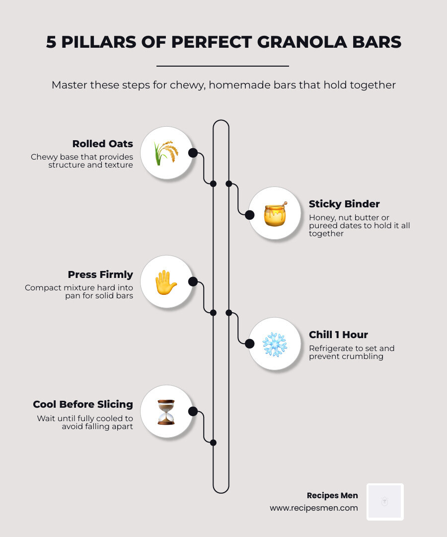 5 pillars of a perfect granola bar: oats, binder, press, chill, slice - best granola bar recipe infographic